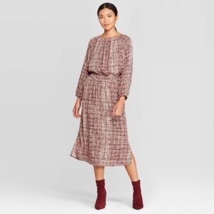 PROLOGUE Red & White Gathered Waist Long Sleeve Midi Dress